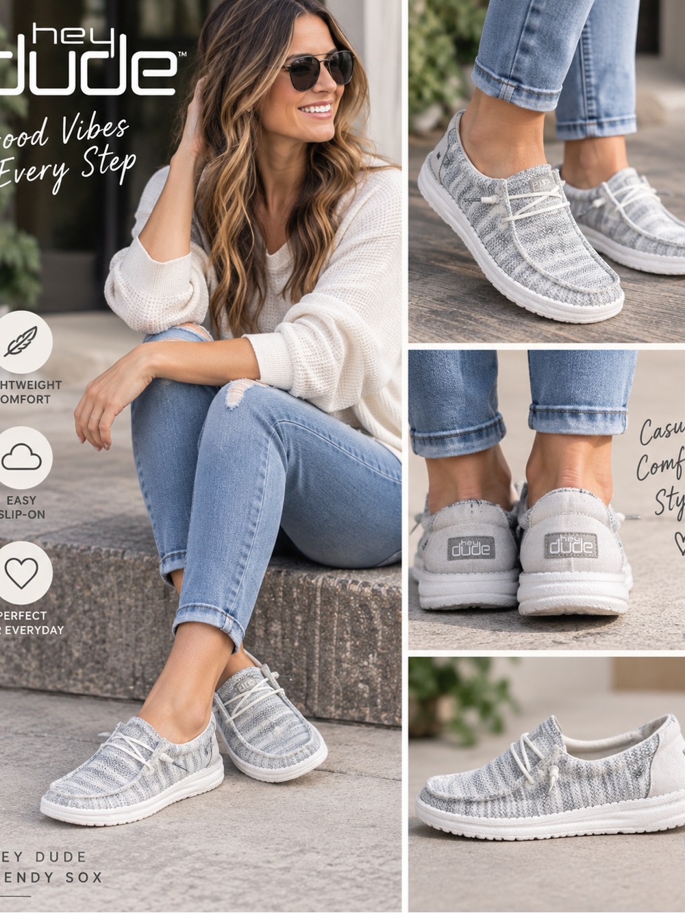 Hey Dude Wendy Sox Women’s Size 8 Glacier Grey Knit Slip On Loafers Casual Shoes